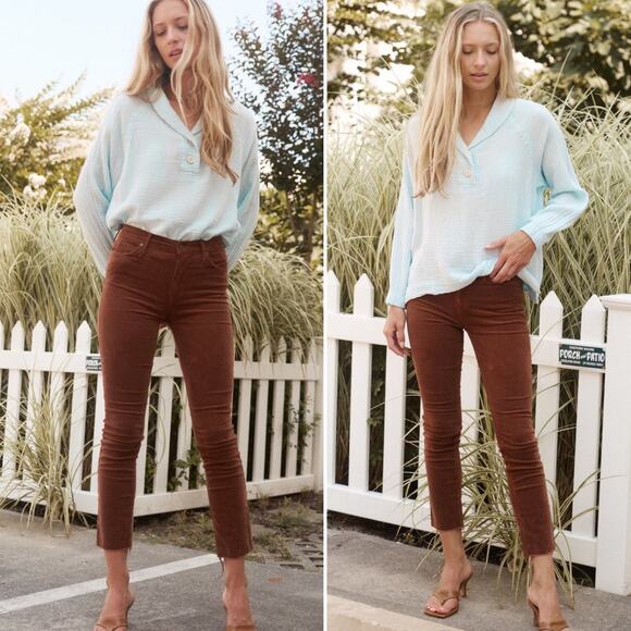 Mother The Hustler Ankle Fray Corduroy Velvet Brown Pants Mid Rise Size 27
